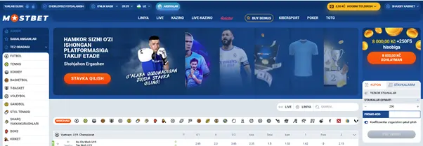 Mostbet veb-saytining O'zbekistondagi bosh sahifasi